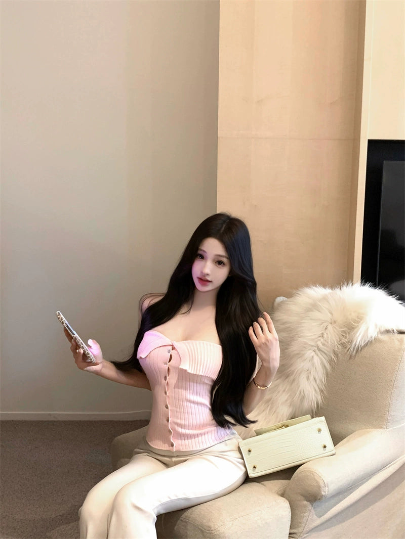 一字肩粉色袖套针织衫女秋季修身纯欲性感超好看短款抹胸露肩上衣