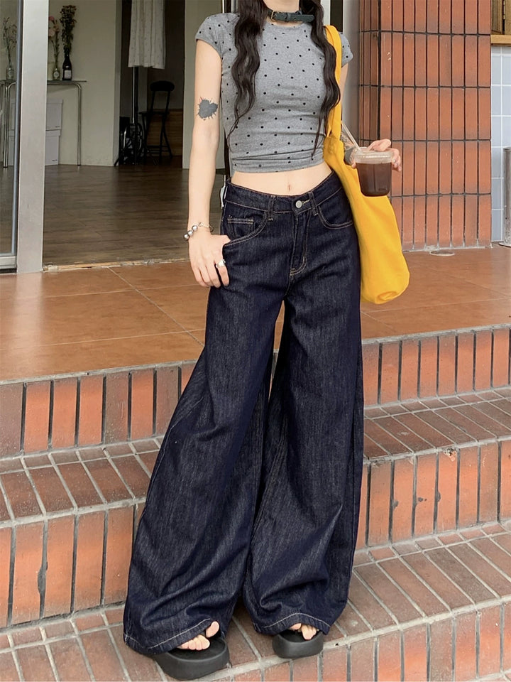 Deep Blue High-Waist Wide-Leg Jeans – Vintage Loose Straight Pants for Women