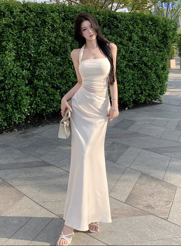 缎面露背网眼拼接美人鱼长裙 - 纯粹欲望风格（2 种颜色可选）