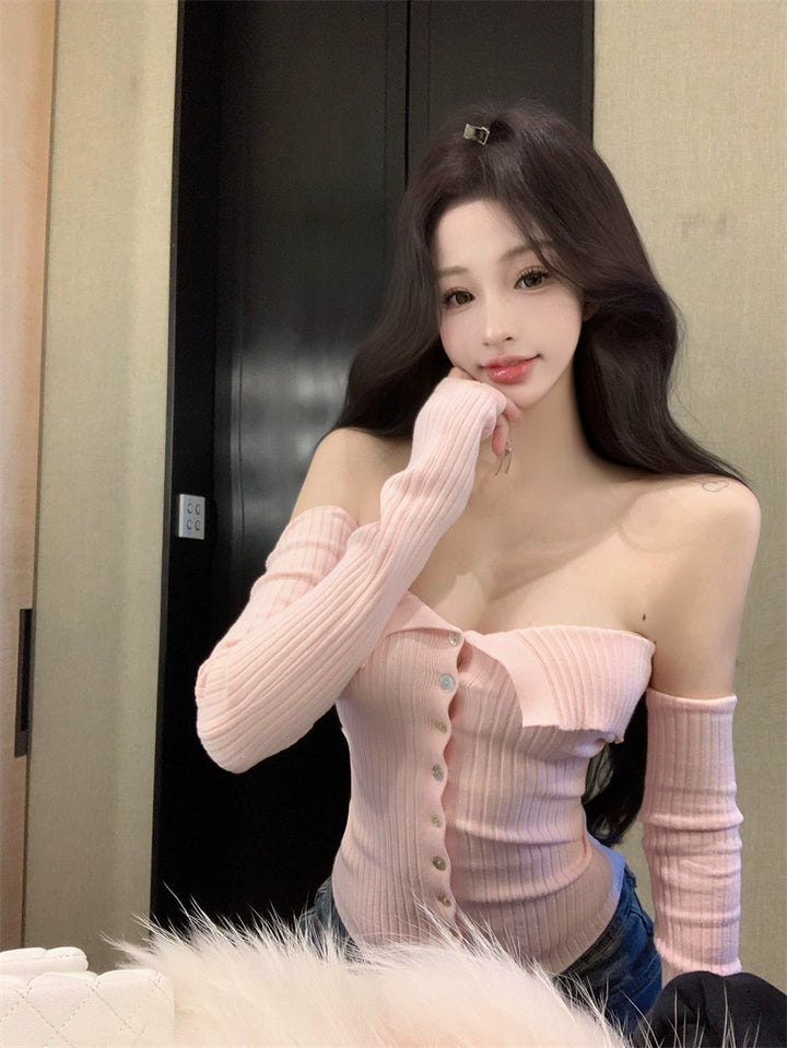 一字肩粉色袖套针织衫女秋季修身纯欲性感超好看短款抹胸露肩上衣