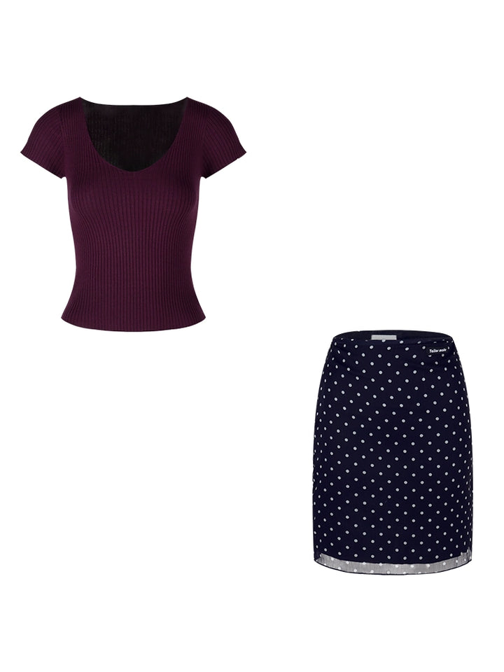 Purple V-Neck Slim Knit Short Sleeve Top – Summer Basic Sexy Waist-Fit Tee(Available in 4 Colors)