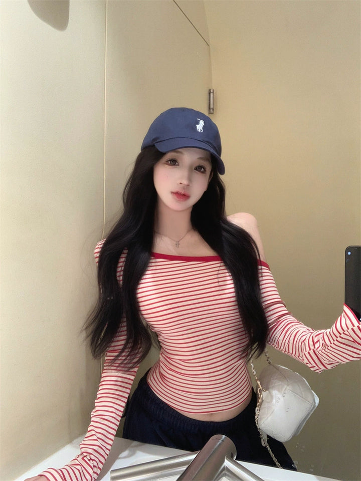 Pink Striped Off-Shoulder Long Sleeve Crop Top – Slim-Fit Waist Hugging Tee