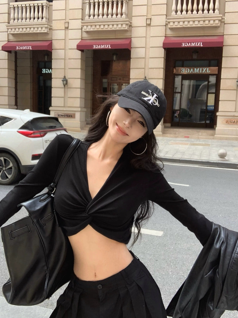 Twisted V-Neck Long Sleeve Crop Top – American Sexy Slim-Fit Tee (Available in 2 Colors)