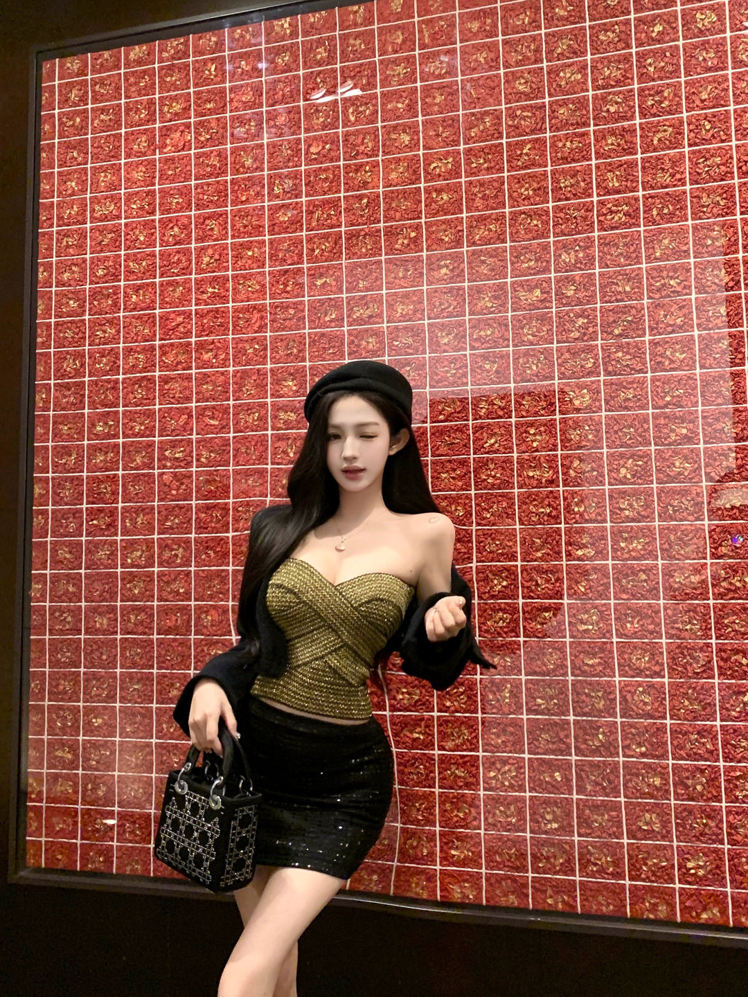 Black Knit Cardigan, Tube Top & Bodycon Skirt Set – Elegant Three-Piece Outfit