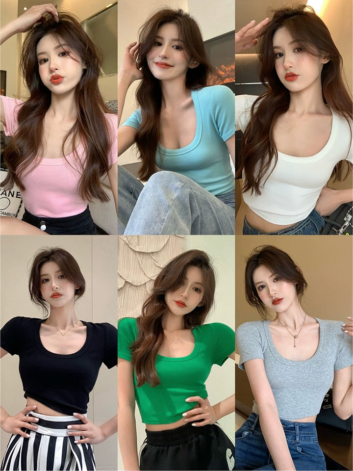 White Stretch Cotton Slim-Fit Short Sleeve Tee – Cropped Minimal Top (Available in 6 Colors)