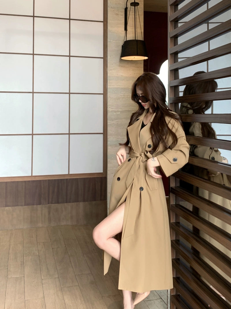Khaki Double-Breasted Trench Coat – Elegant Long Vintage Windbreaker