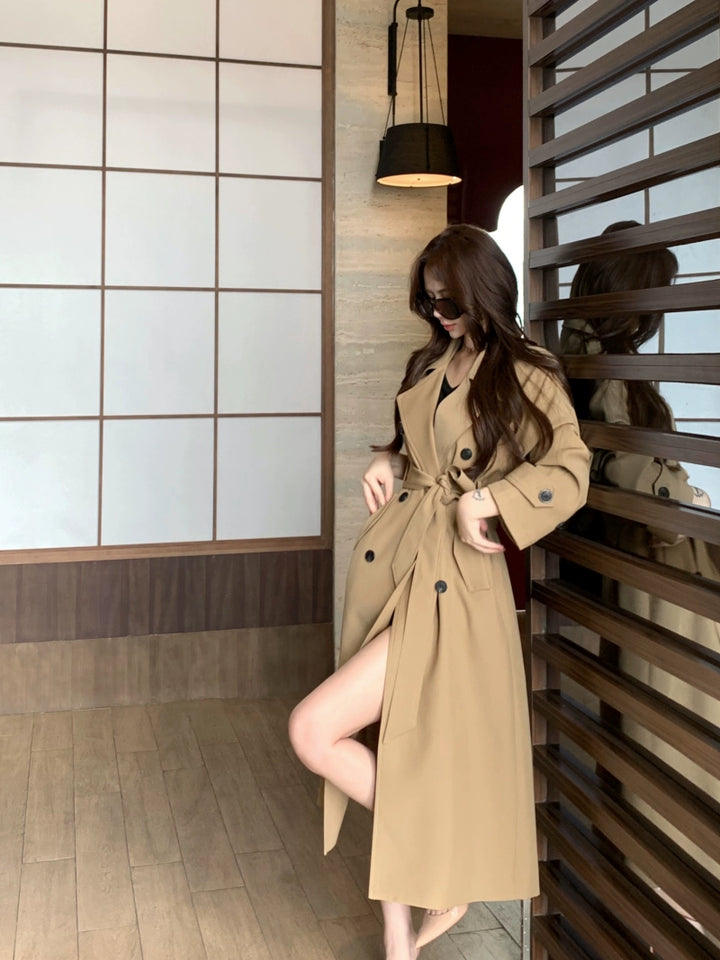 Khaki Double-Breasted Trench Coat – Elegant Long Vintage Windbreaker