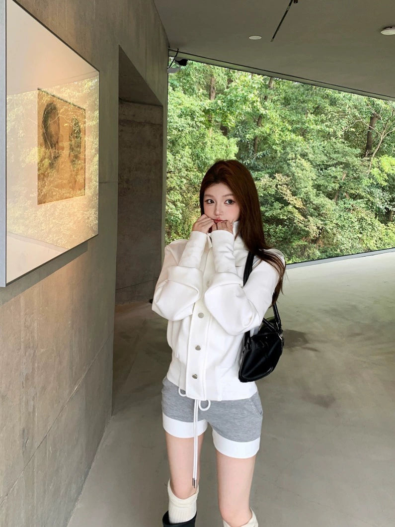 White Stand-Collar Button-Up Jacket – Loose Fit Long-Sleeve Cardigan Coat