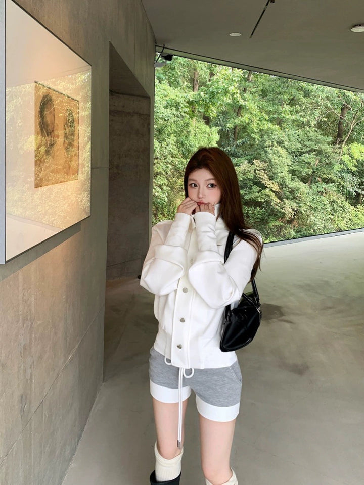 White Stand-Collar Button-Up Jacket – Loose Fit Long-Sleeve Cardigan Coat