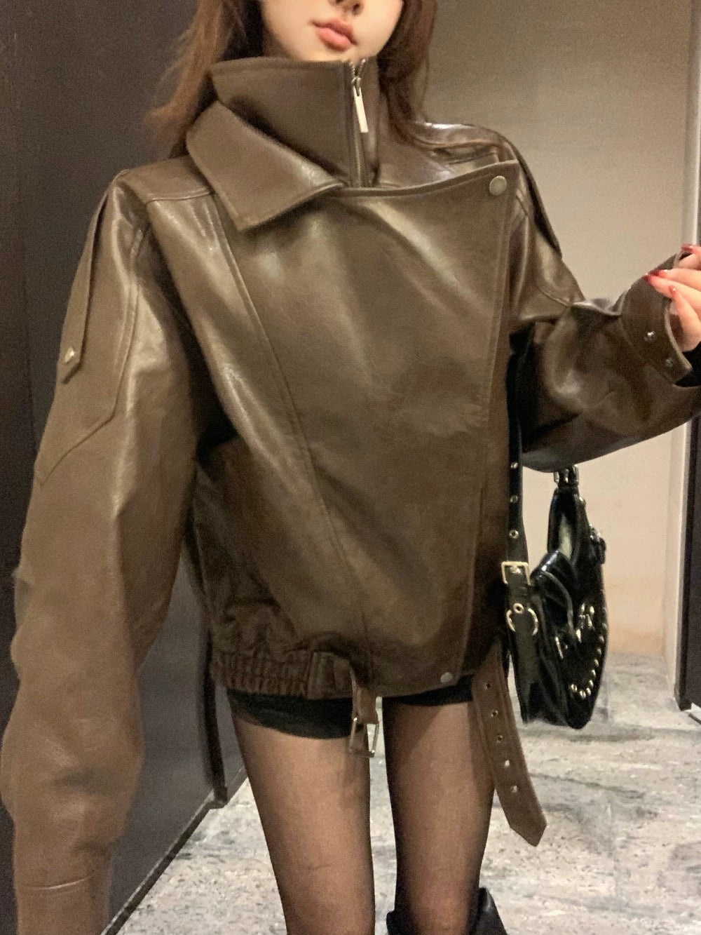 Black Faux Leather Biker Jacket – Vintage Zip-Up PU Moto Coat (Available in 2 Colors)