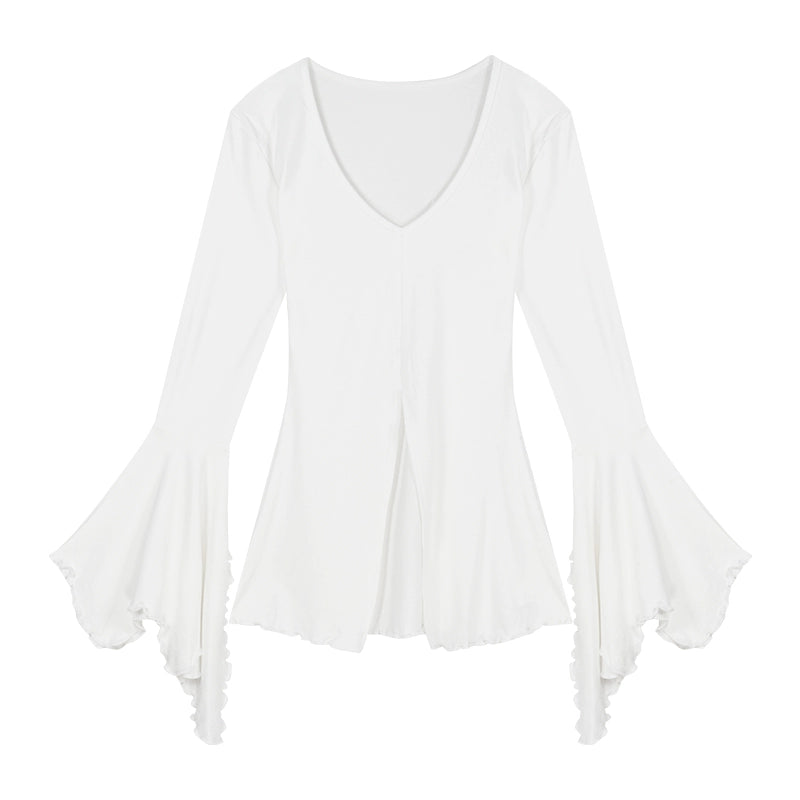 Slim Fit V-Neck Flared Sleeve Long Tee – Edgy Split Design (Available in 2 Colors)