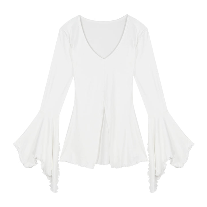 Slim Fit V-Neck Flared Sleeve Long Tee – Edgy Split Design (Available in 2 Colors)