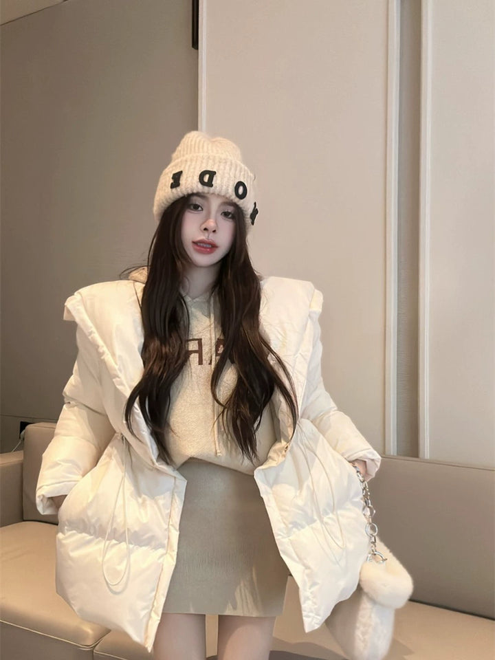 Black Puffer Cotton Jacket – Mid-Length Drawstring Winter Coat (Available in 2 Colors)