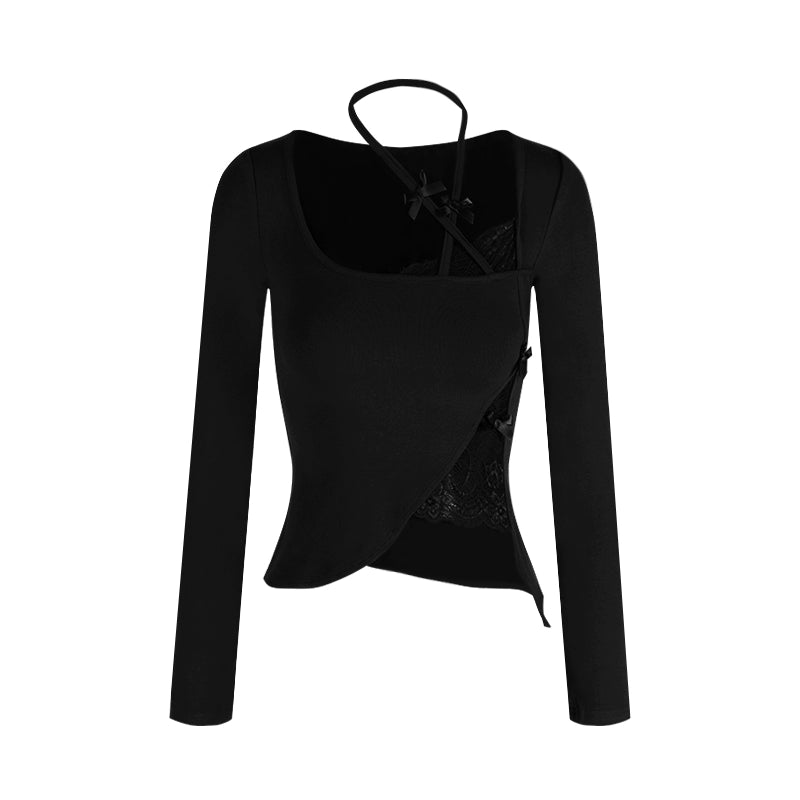 Purple Lace Patch Long Sleeve Crop Top – Sexy Slim-Fit Sheer Detail Tee (Available in 3 Colors)