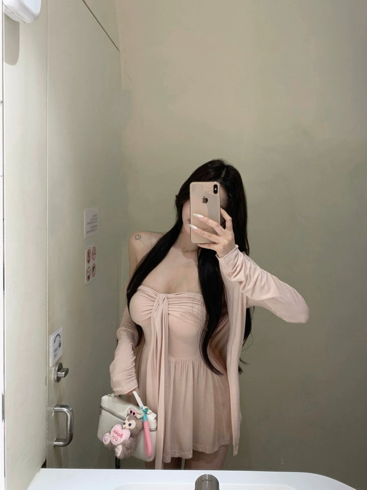 Pink Knit Cardigan & Tube Top Set – Two-Piece Slim Fit Outfit