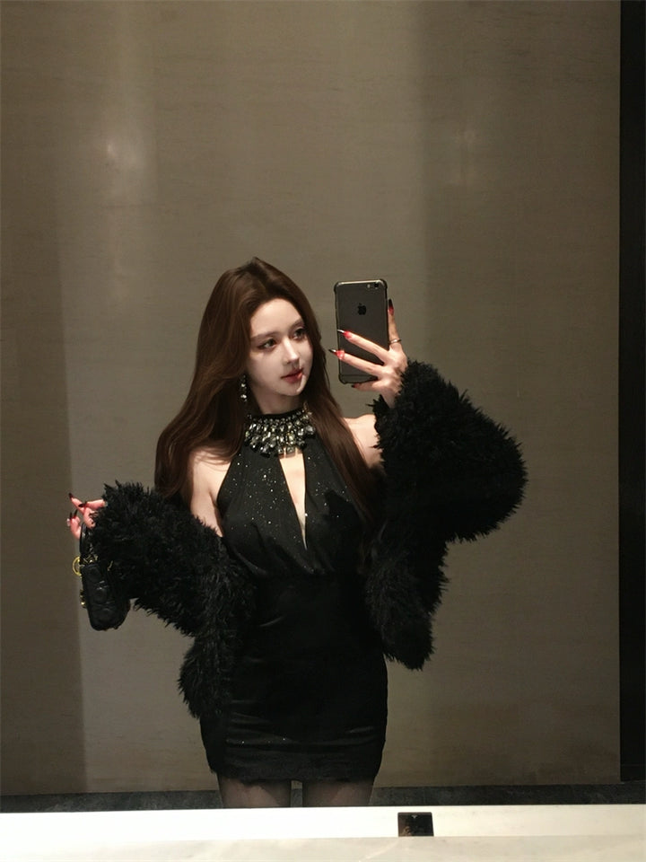 Black Rhinestone Halter Mini Dress – Backless Bodycon Party Dress