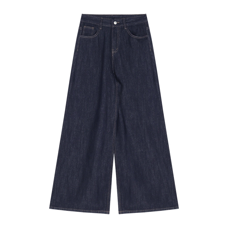 Deep Blue High-Waist Wide-Leg Jeans – Vintage Loose Straight Pants for Women