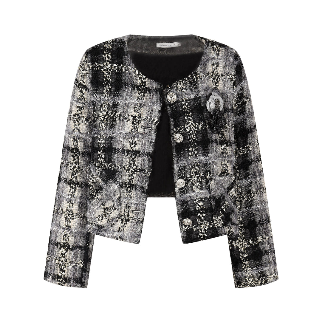 Elegant Tweed Floral Jacket, White Blouse & Gray Mini Skirt Set – Korean Chic Three-Piece Outfit