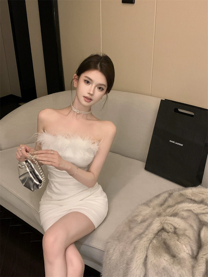 Off-Shoulder Feather Tube Mini Dress – Elegant Party Bodycon Dress (Available in 3 Colors)