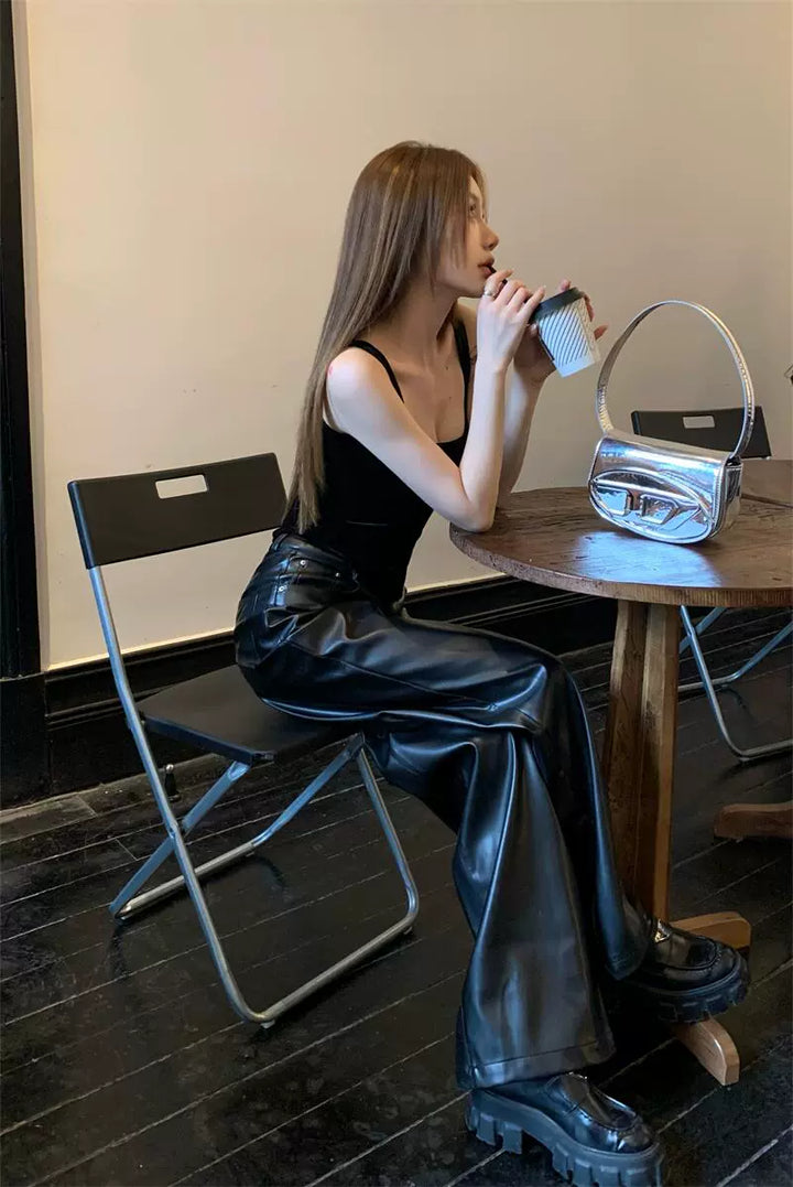Black High-Waist PU Leather Wide-Leg Pants