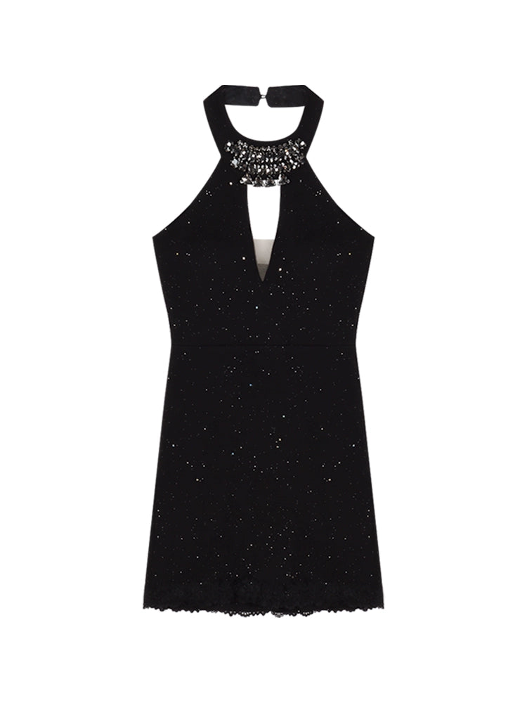 Black Rhinestone Halter Mini Dress – Backless Bodycon Party Dress
