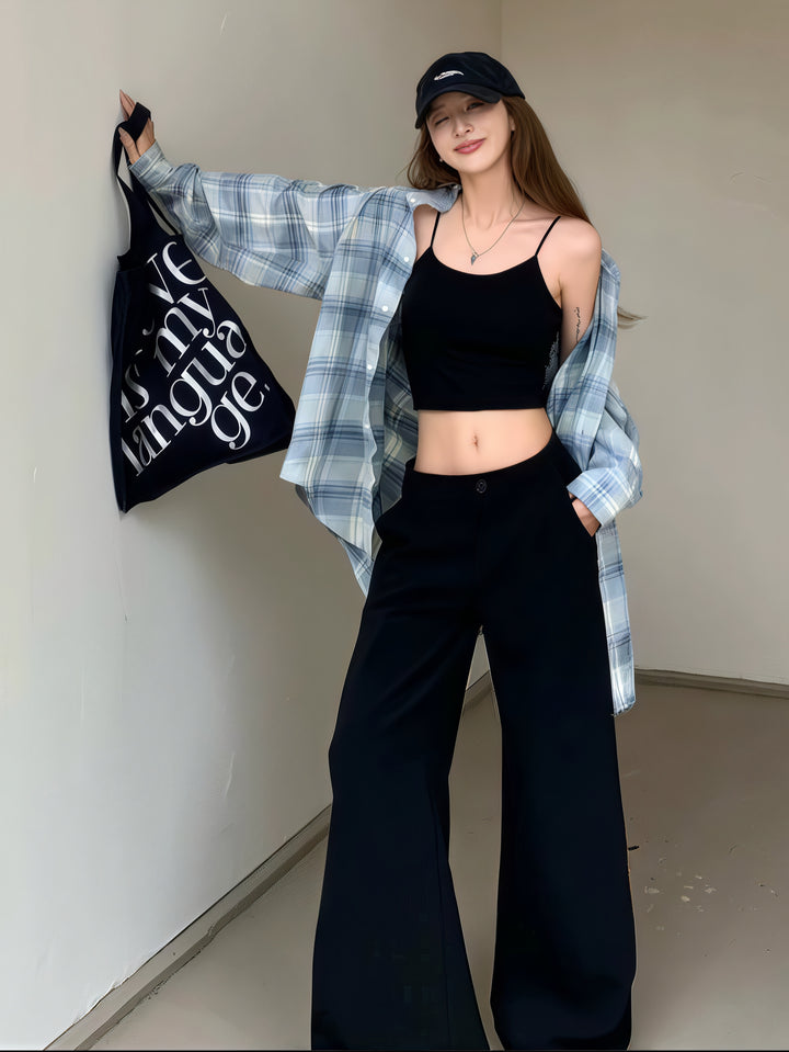 低腰阔腿修身裤 - 宽松版型黑色正装裤