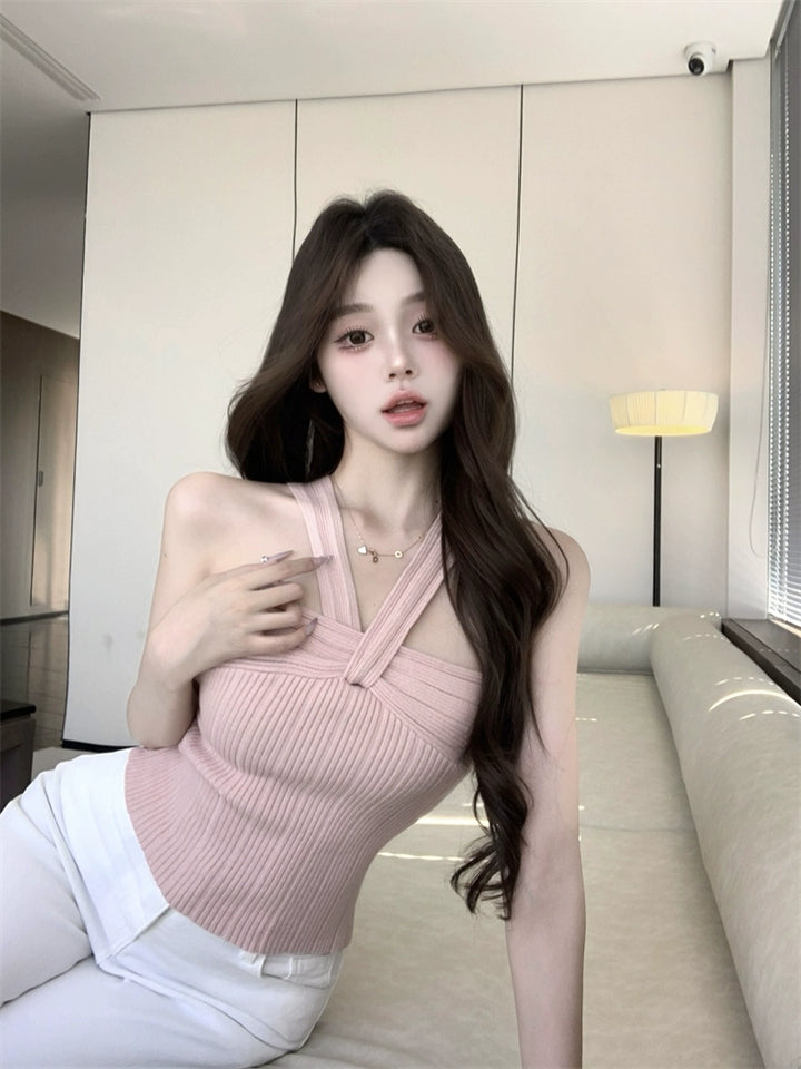 纯欲风粉色针织吊带背心女夏季收腰修身内搭无袖外穿短款打底上衣