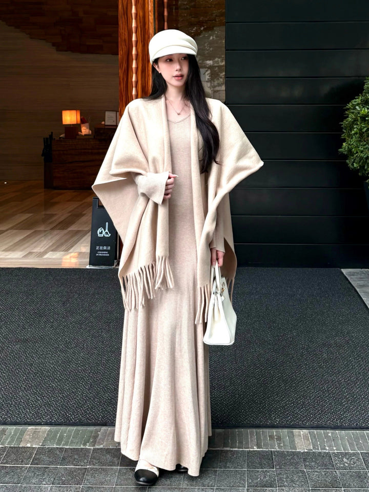 Knit Fringe Cardigan & Camisole Maxi Dress Set – Cozy Two-Piece Outfit (Available in 3 Colors)