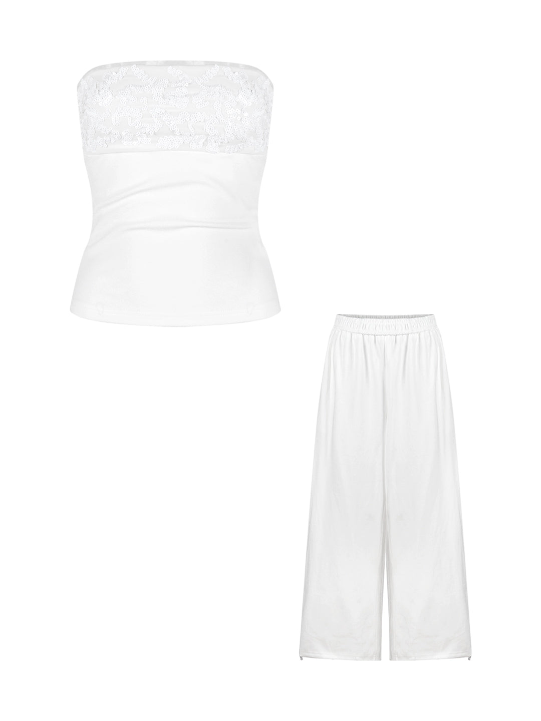 White Sequin Backless Tube Top & Wide-Leg Pants Set – Glamorous Two-Piece Outfit