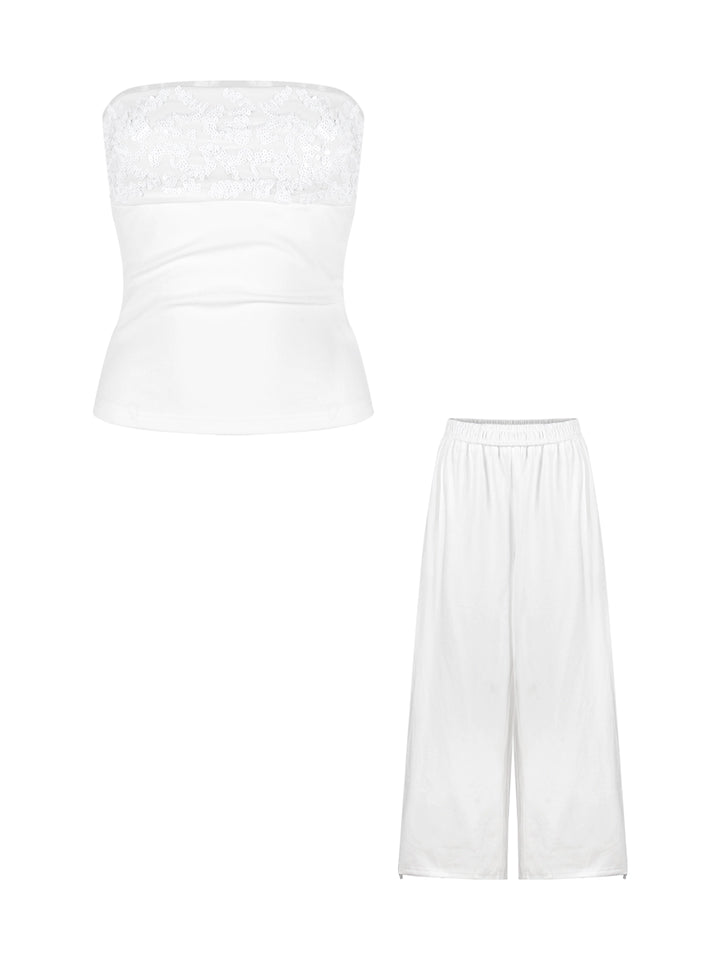 White Sequin Backless Tube Top & Wide-Leg Pants Set – Glamorous Two-Piece Outfit