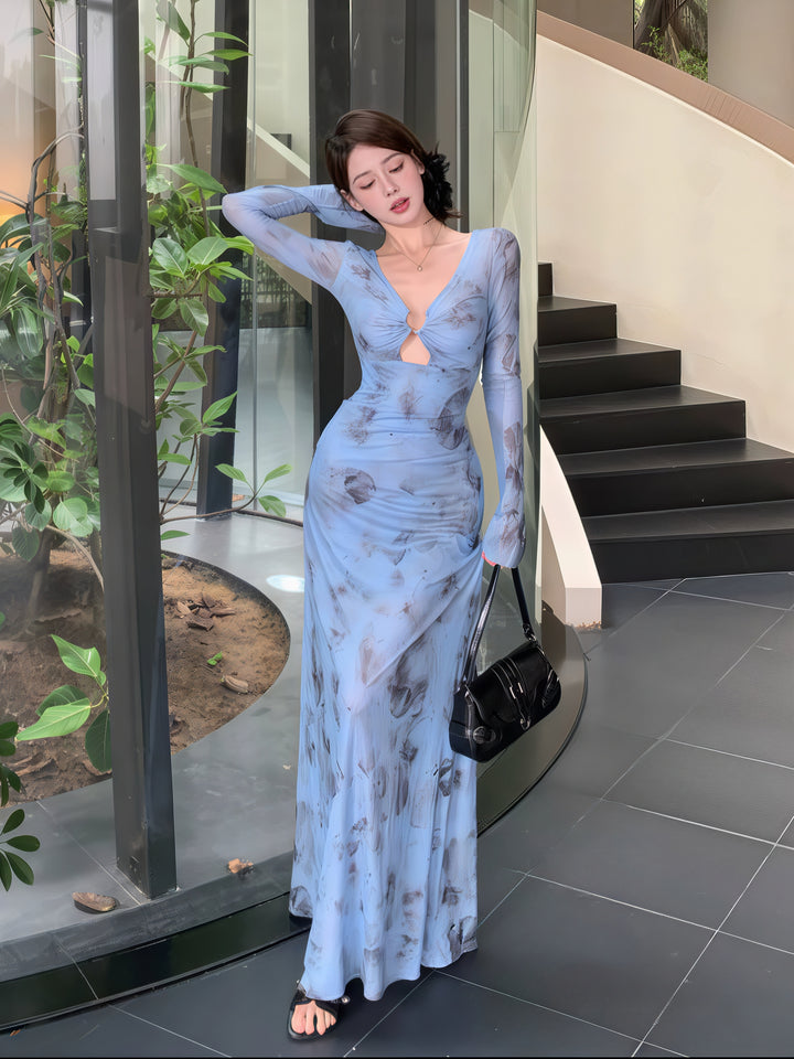 Blue Tie-Dye Mesh Mermaid Dress – Sexy Long Sleeve Slim Fit Bodycon Gown for Women