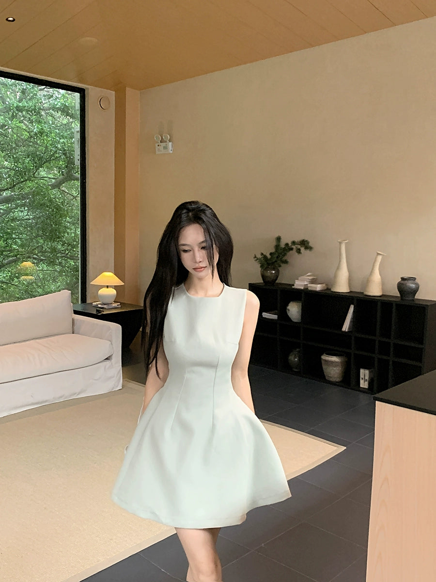 Korean Blue Sleeveless A-Line Mini Dress – Slim Fit Flared Short Dress (Available in 5 Colors)