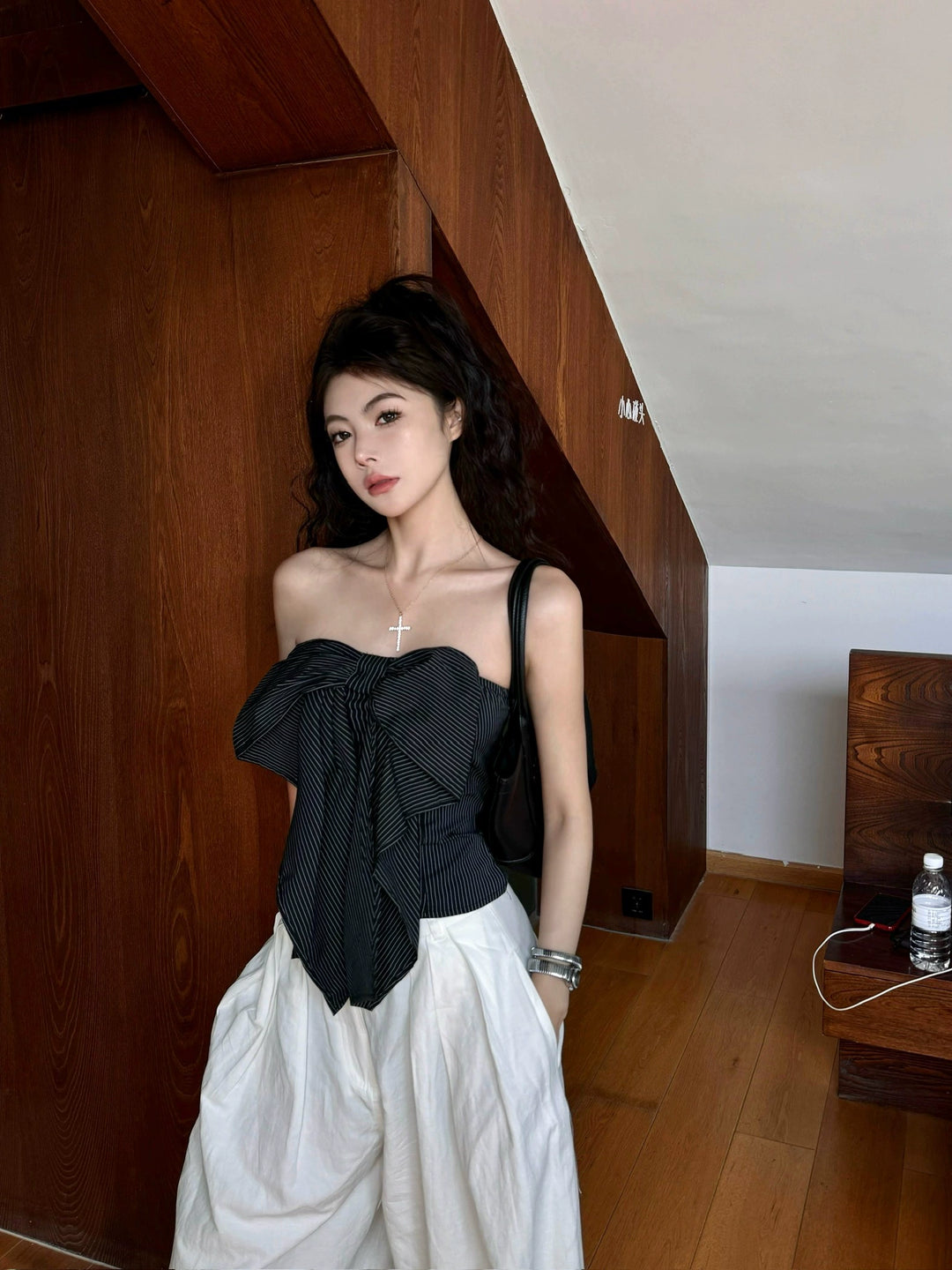 Striped Black Tube Top with Bow Detail – Sleeveless Crop Corset Top with Open Back (Available in 2 Colors)