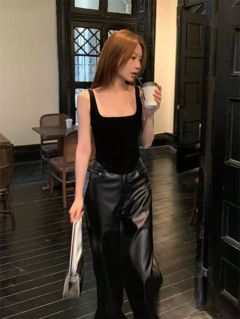Black High-Waist PU Leather Wide-Leg Pants