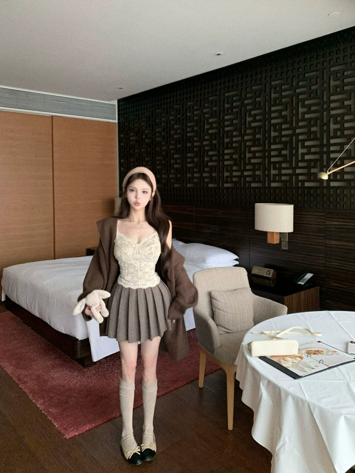 Apricot Hooded Knit Cardigan Set – Soft Loose-Fit Three-Piece Outfit (Available in 4 Colors)