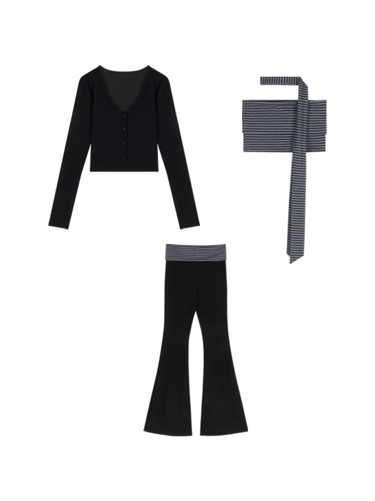 Black Knit Cardigan, Tube Top & Flared Pants Set – Trendy Three-Piece Casual Outfit