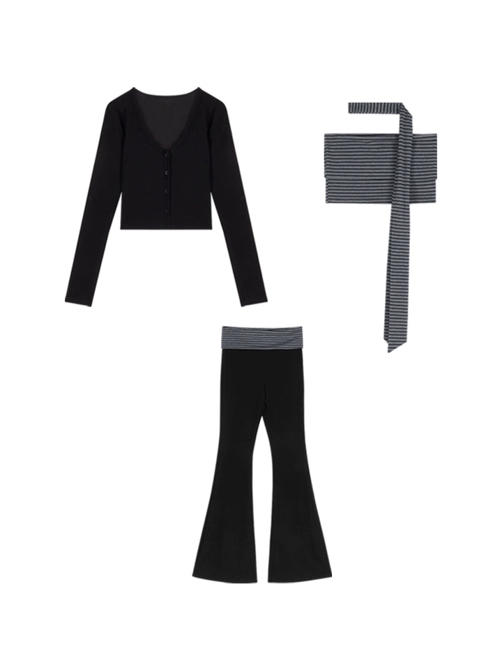 Black Knit Cardigan, Tube Top & Flared Pants Set – Trendy Three-Piece Casual Outfit