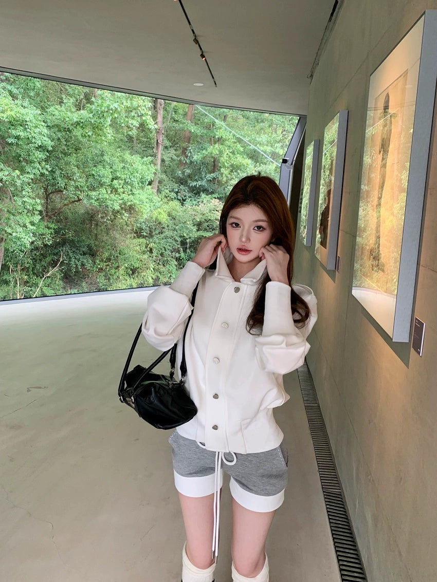 White Stand-Collar Button-Up Jacket – Loose Fit Long-Sleeve Cardigan Coat