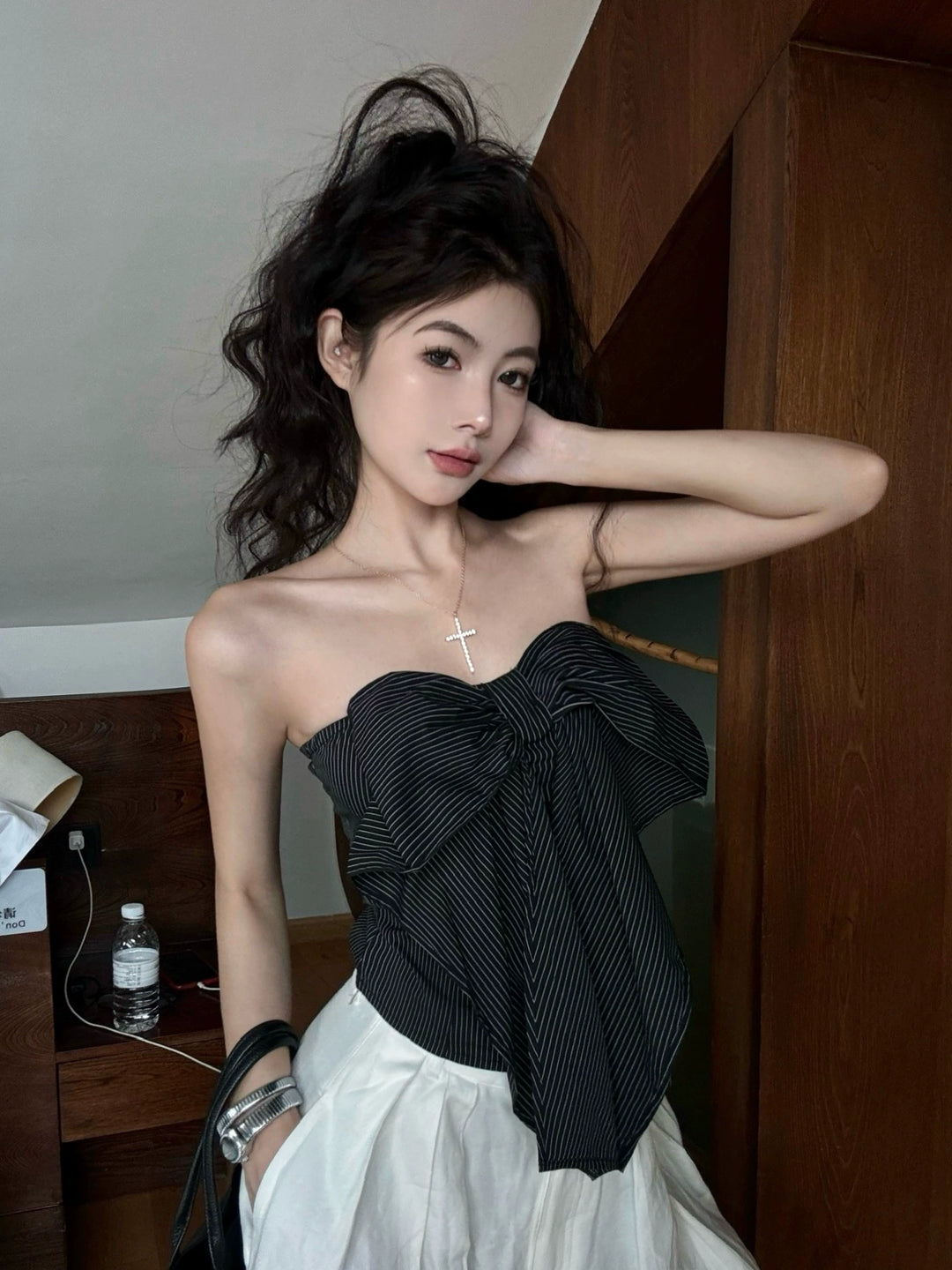 Striped Black Tube Top with Bow Detail – Sleeveless Crop Corset Top with Open Back (Available in 2 Colors)