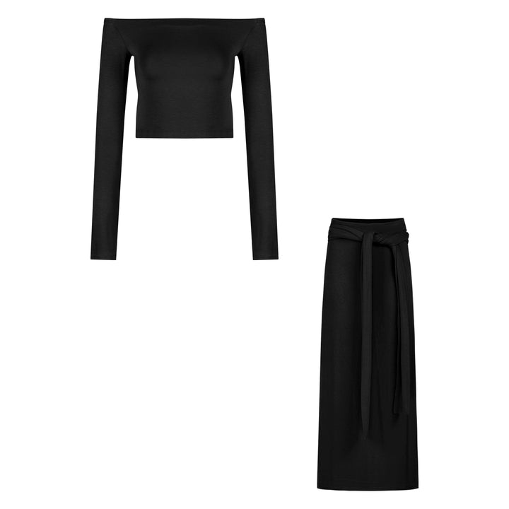 Off-Shoulder Fitted Long-Sleeve Top & Tie-Up Bodycon Skirt Set – Sexy Two-Piece Outfit (Available in 2 Colors)