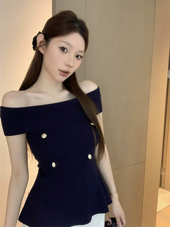 Off-Shoulder Knit Top – Slim-Fit Short Sleeve Cropped Tee (Available in 3 Colors)