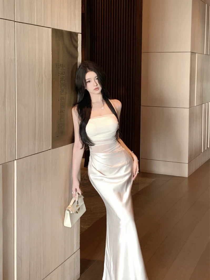 Satin Halter Backless Mesh Panel Mermaid Maxi Dress – Pure Desire Style (Available in 2 Colors)