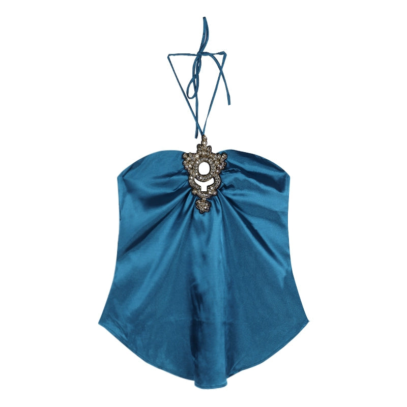 Luxury Satin Rhinestone Halter Crop Top – Elegant Hollow-Out Camisole for Women