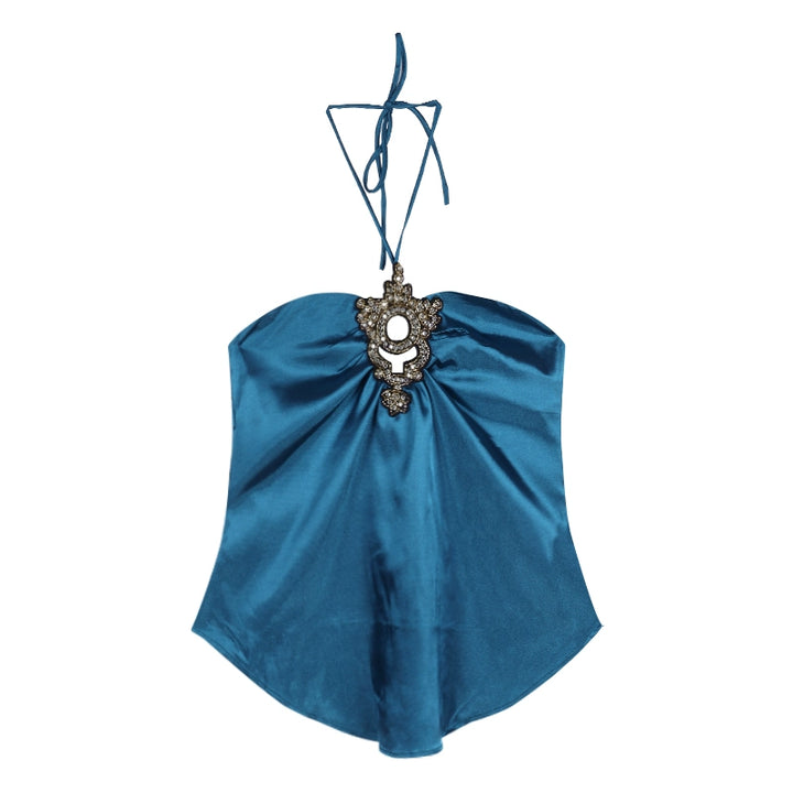 Luxury Satin Rhinestone Halter Crop Top – Elegant Hollow-Out Camisole for Women