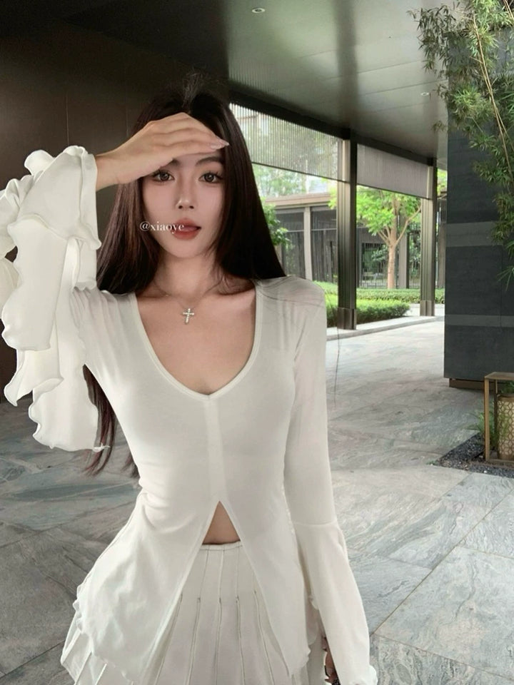 Slim Fit V-Neck Flared Sleeve Long Tee – Edgy Split Design (Available in 2 Colors)