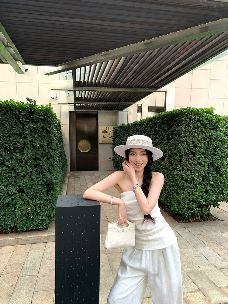 White Linen Strapless Crop Top & Wide-Leg Pants Set – Elegant Summer Two-Piece Outfit (Available in 2 Colors)