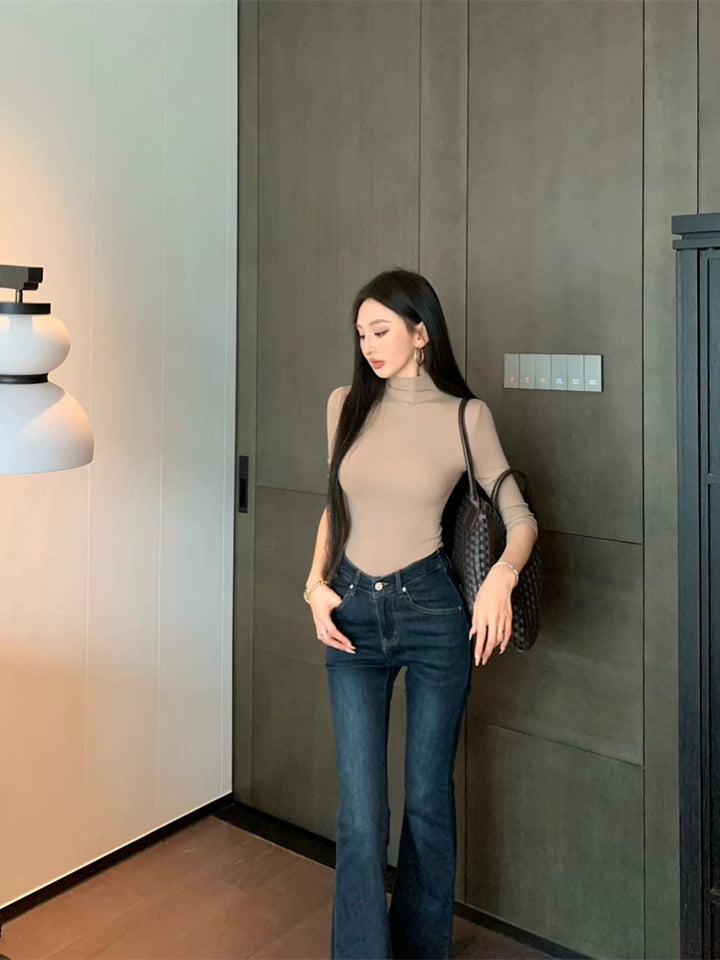 High-Neck Half-Sleeve Slim Fit Top – Elegant Korean Chic Style (Available in 4 Colors)