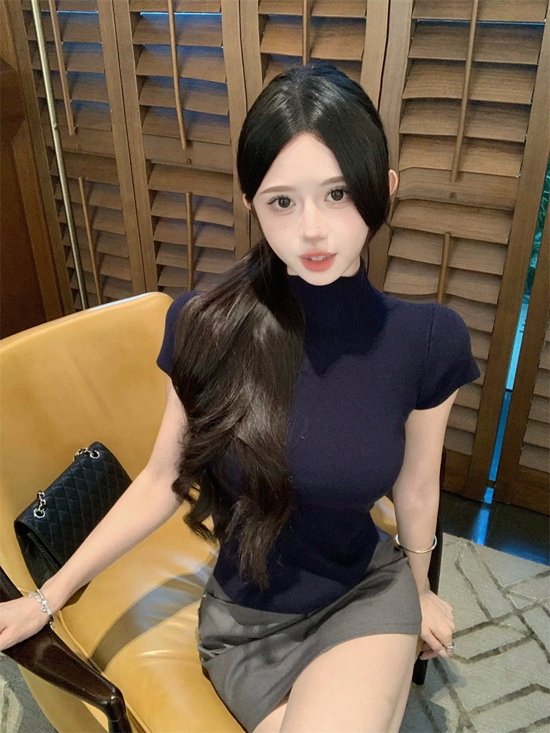 Mock Neck Ribbed Short Sleeve Knit Top – Slim Fit Cropped Tee(Available in 10 Colors)