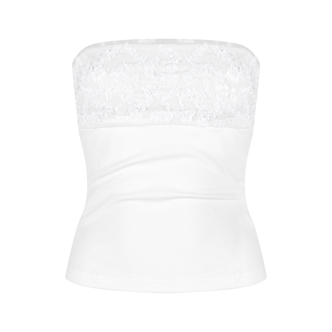 White Sequin Backless Tube Top & Wide-Leg Pants Set – Glamorous Two-Piece Outfit