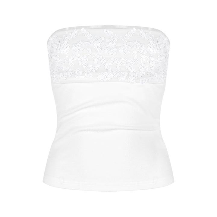 White Sequin Backless Tube Top & Wide-Leg Pants Set – Glamorous Two-Piece Outfit